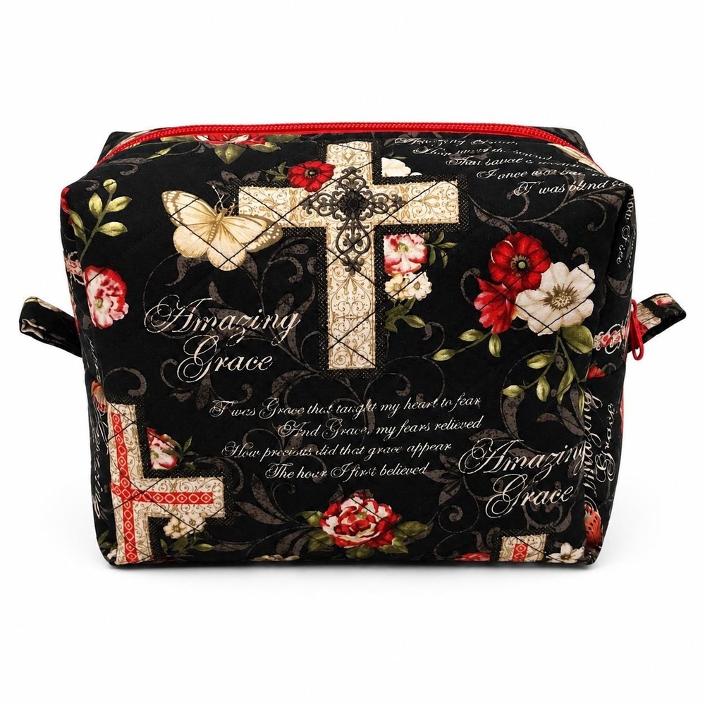 Christian Floral Makeup Bag, Quilted Cosmetic Pouch, Faith Inspired Toiletry Bag